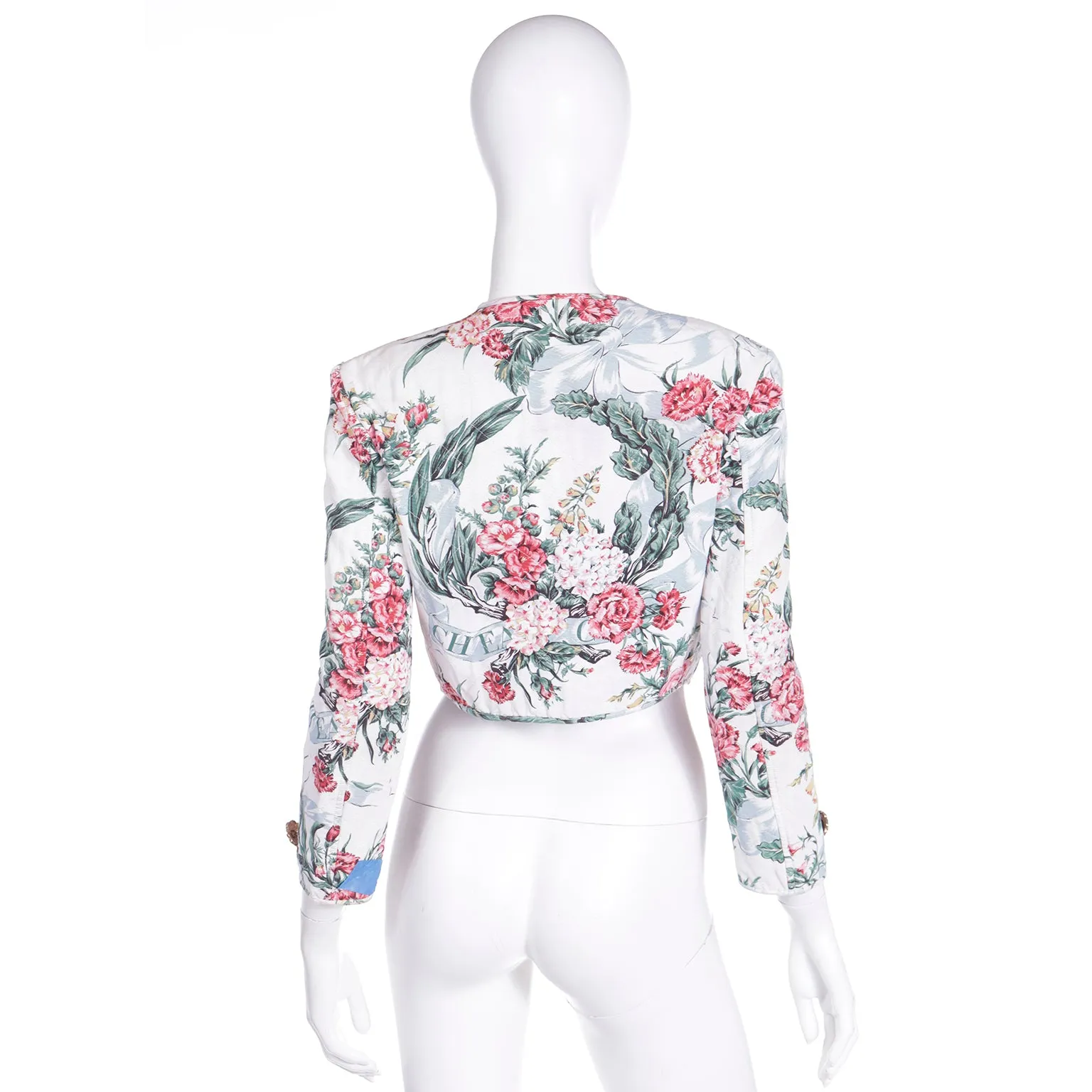 1990s Moschino Pink & Green White Quilted Floral Cropped Jacket