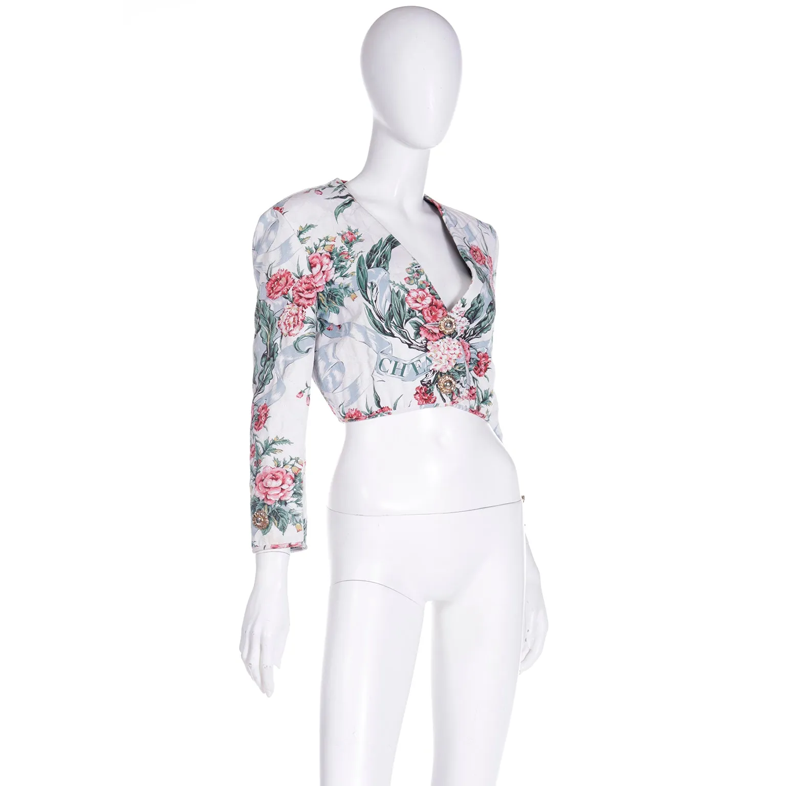 1990s Moschino Pink & Green White Quilted Floral Cropped Jacket