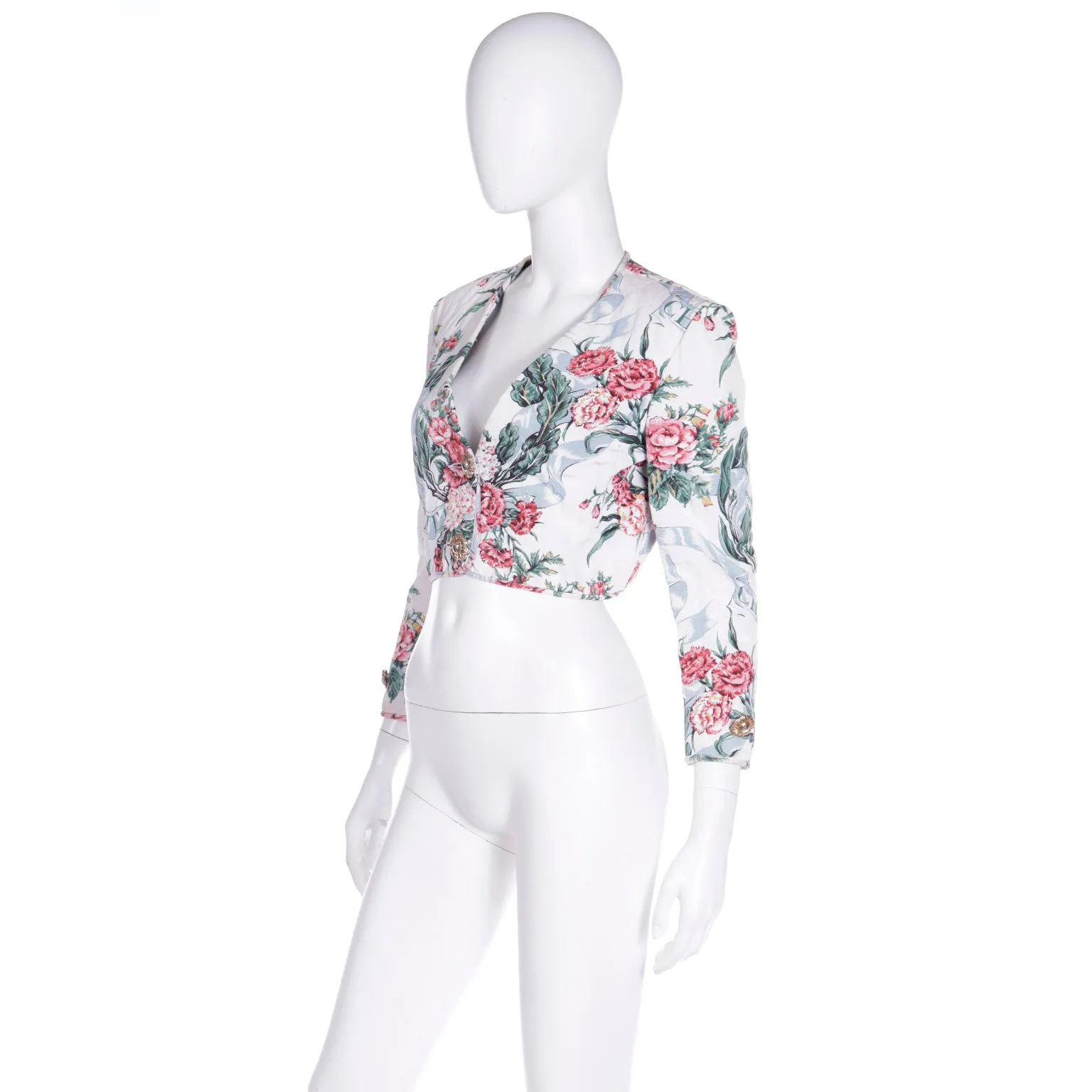 1990s Moschino Pink & Green White Quilted Floral Cropped Jacket