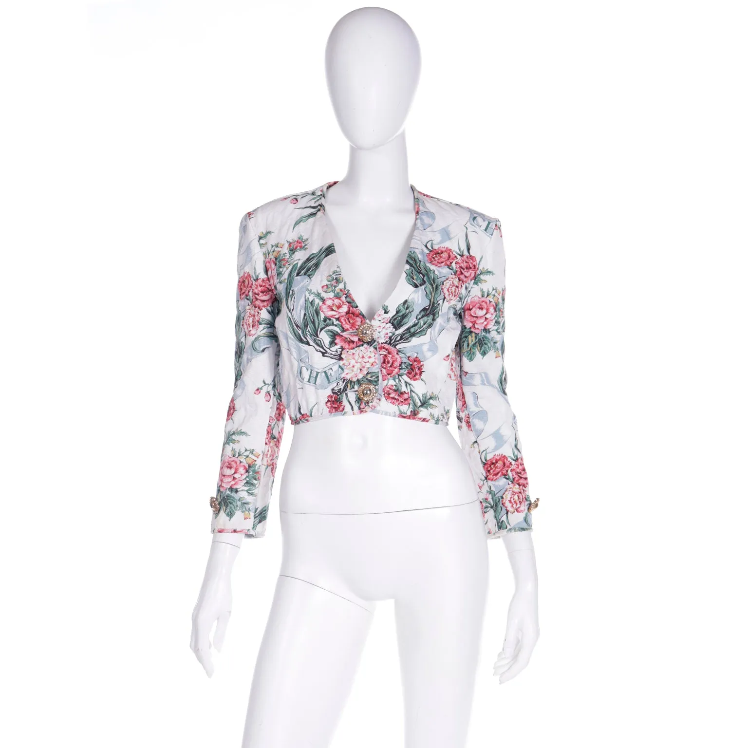 1990s Moschino Pink & Green White Quilted Floral Cropped Jacket