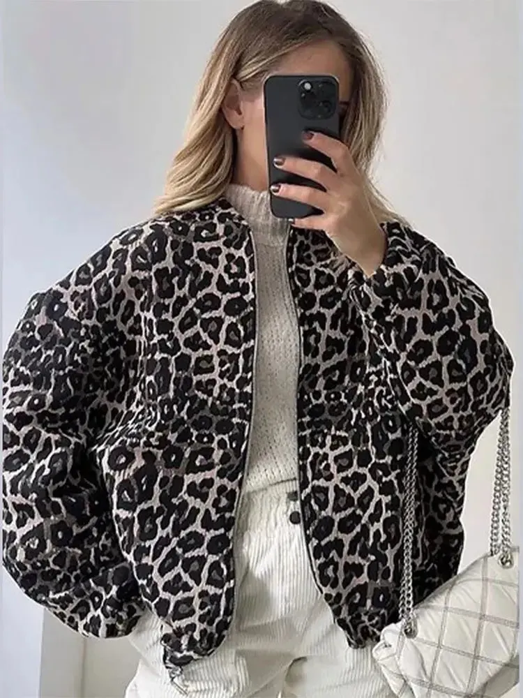 2024 Fashion Leopard Zipper Long Sleeved Women's Jacket Retro Round