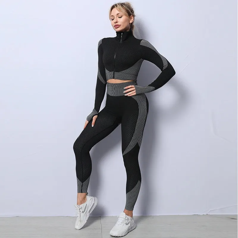 2/3 Piece Seamless Women Yoga Set Workout Sportswear Gym Clothing Fitness Long Sleeve Crop Top High Waist Leggings Sports Suits