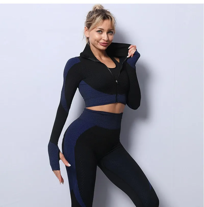 2/3 Piece Seamless Women Yoga Set Workout Sportswear Gym Clothing Fitness Long Sleeve Crop Top High Waist Leggings Sports Suits