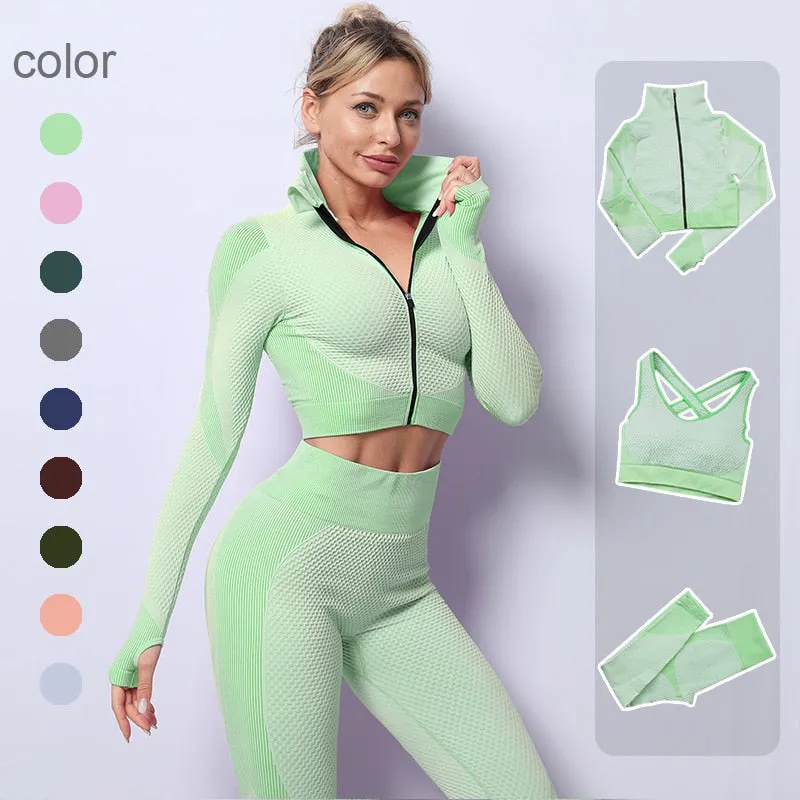 2/3 Piece Seamless Women Yoga Set Workout Sportswear Gym Clothing Fitness Long Sleeve Crop Top High Waist Leggings Sports Suits