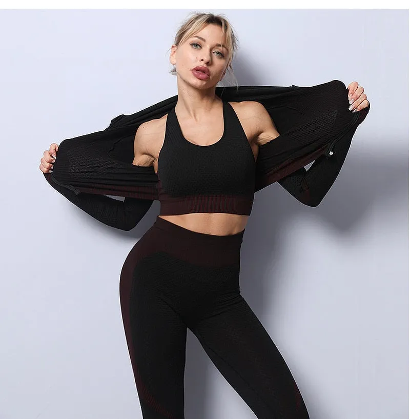 2/3 Piece Seamless Women Yoga Set Workout Sportswear Gym Clothing Fitness Long Sleeve Crop Top High Waist Leggings Sports Suits