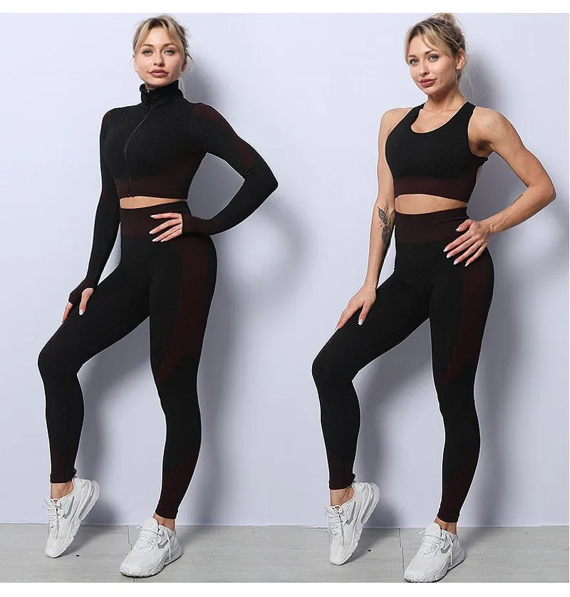 2/3 Piece Seamless Women Yoga Set Workout Sportswear Gym Clothing Fitness Long Sleeve Crop Top High Waist Leggings Sports Suits