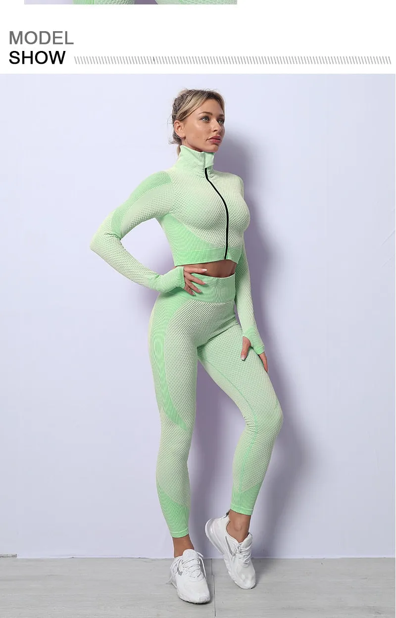 2/3 Piece Seamless Women Yoga Set Workout Sportswear Gym Clothing Fitness Long Sleeve Crop Top High Waist Leggings Sports Suits