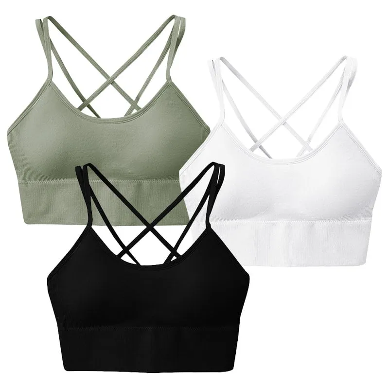 3 Packs Women Cross Back Sports Bras Padded Strappy Medium Support Multi Color