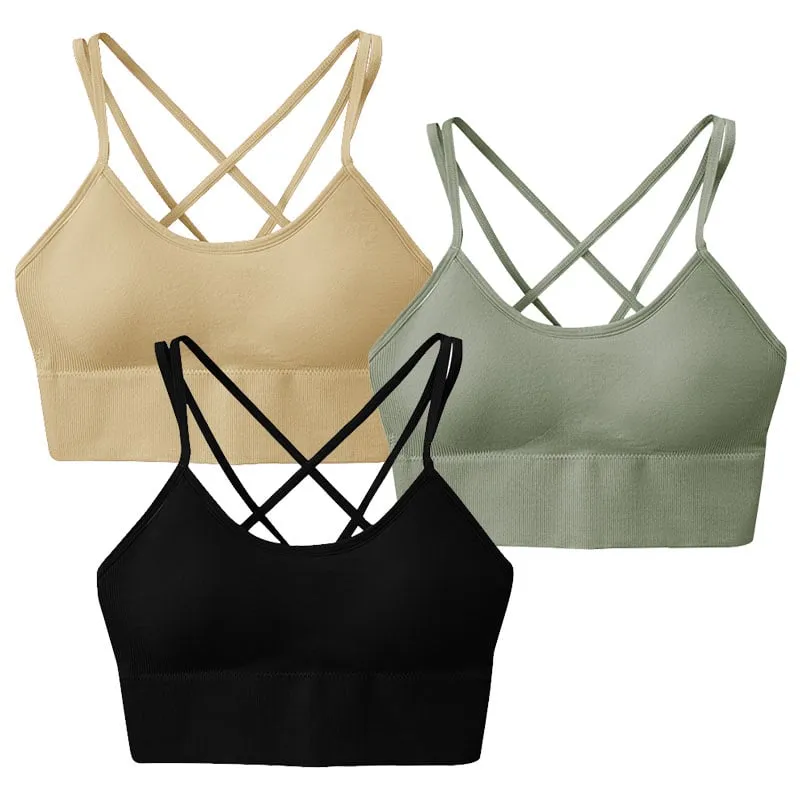 3 Packs Women Cross Back Sports Bras Padded Strappy Medium Support Multi Color