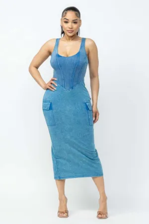 Acid Washed Light Denim Cargo Midi Dress