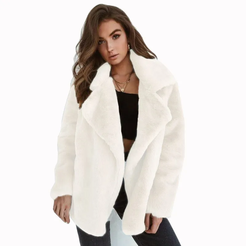 Ashore Shop New Women Faux Fur Elegant Brown Shaggy Coats Autumn Winter Warm Plush Teddy Coat Streetwear Female White Furry Fluffy Jacket