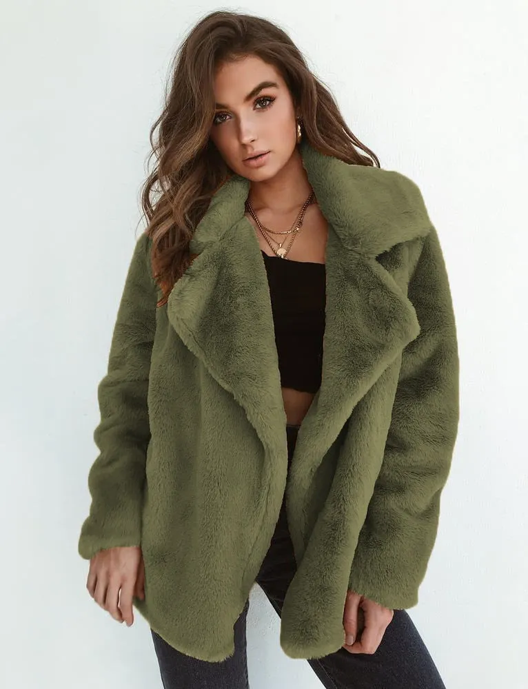 Ashore Shop New Women Faux Fur Elegant Brown Shaggy Coats Autumn Winter Warm Plush Teddy Coat Streetwear Female White Furry Fluffy Jacket