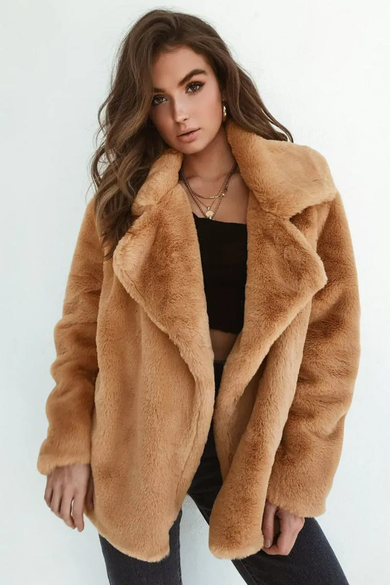 Ashore Shop New Women Faux Fur Elegant Brown Shaggy Coats Autumn Winter Warm Plush Teddy Coat Streetwear Female White Furry Fluffy Jacket