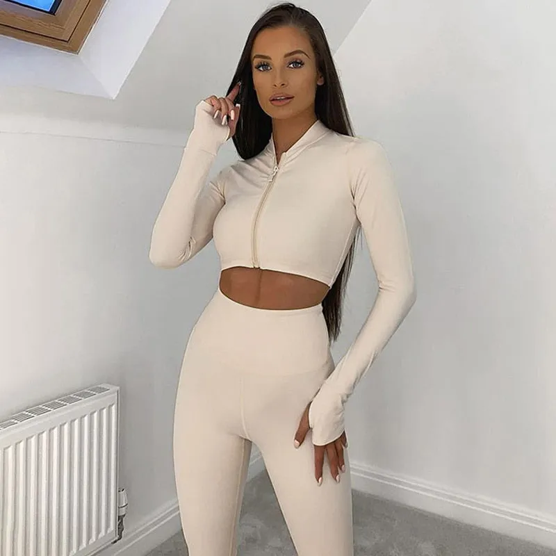 Autumn Winter 2 Two Piece Set Long Sleeve Crop Tops T shirt Leggings Pants Set Bodycon Sport Fitness Tracksuit