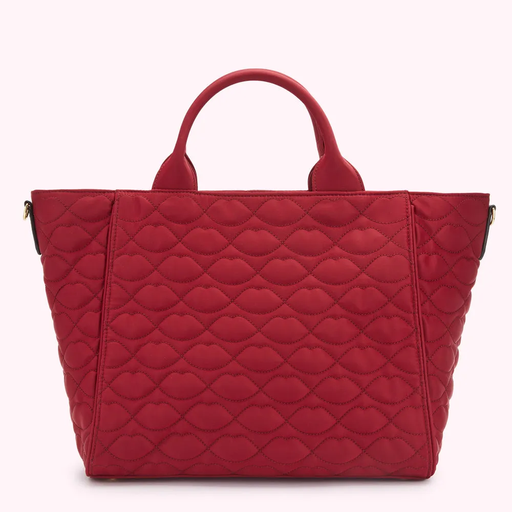 BEET RED QUILTED LIPS CARLY TOTE BAG