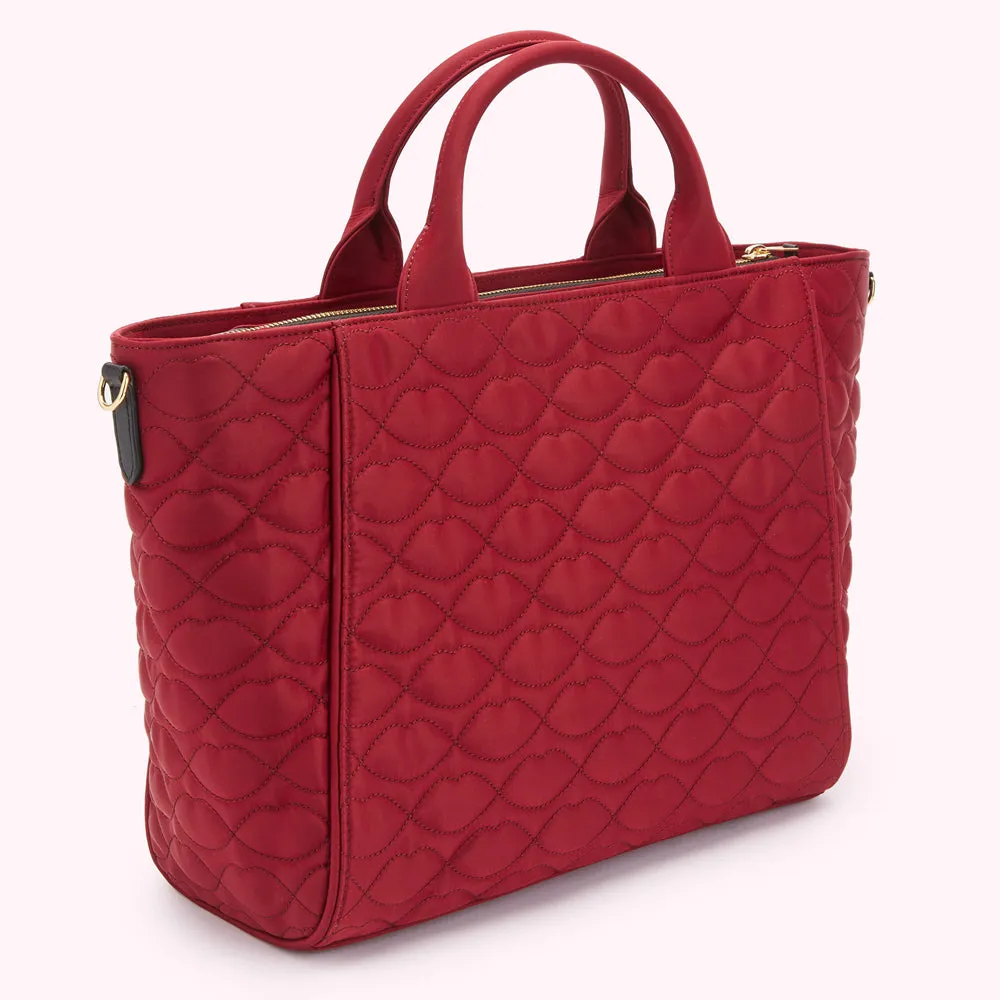 BEET RED QUILTED LIPS CARLY TOTE BAG