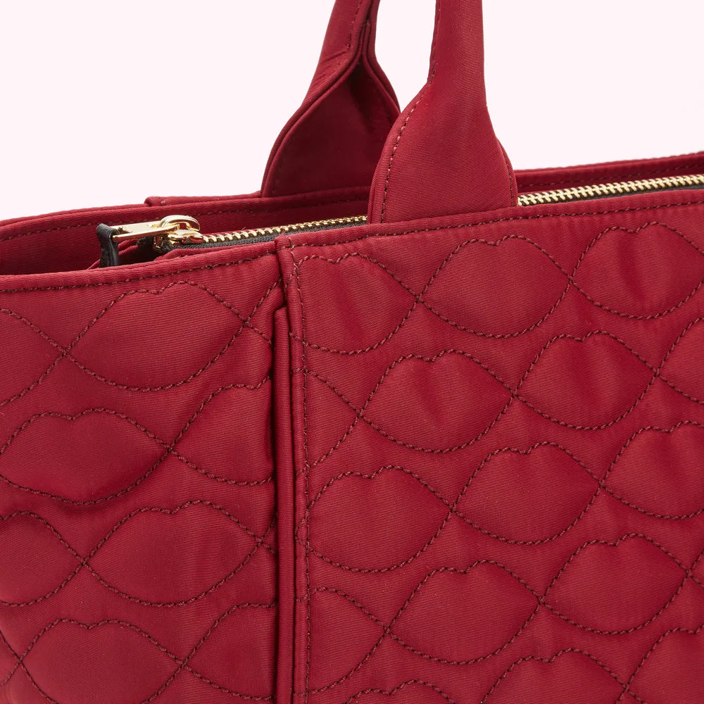 BEET RED QUILTED LIPS CARLY TOTE BAG