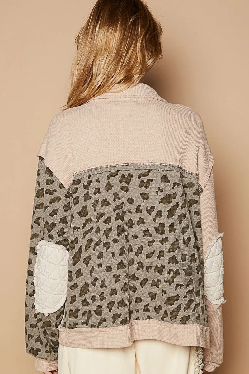 Beige Leopard Print Button Up Quilted Jacket