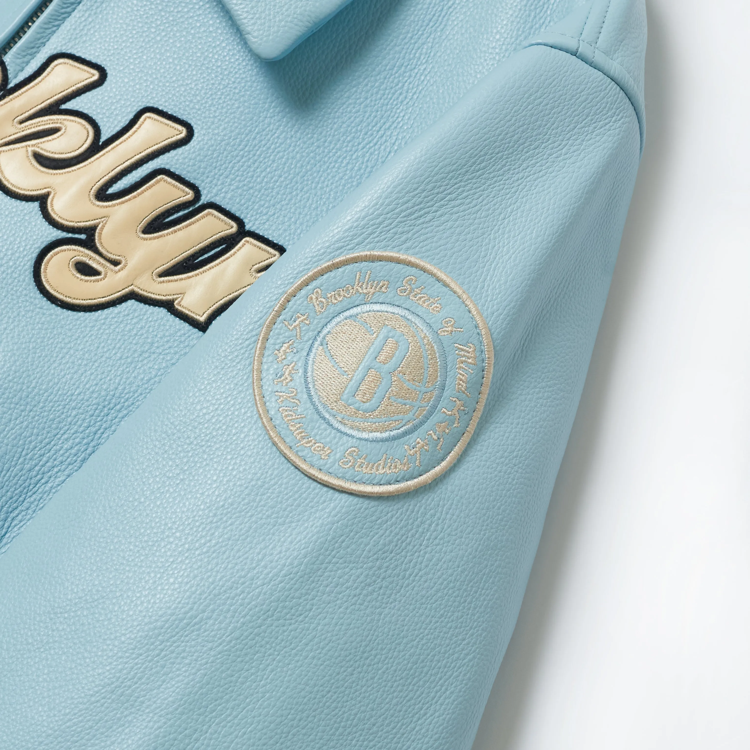 Bero X KidSuper Leather Varsity Jacket [BABY BLUE]