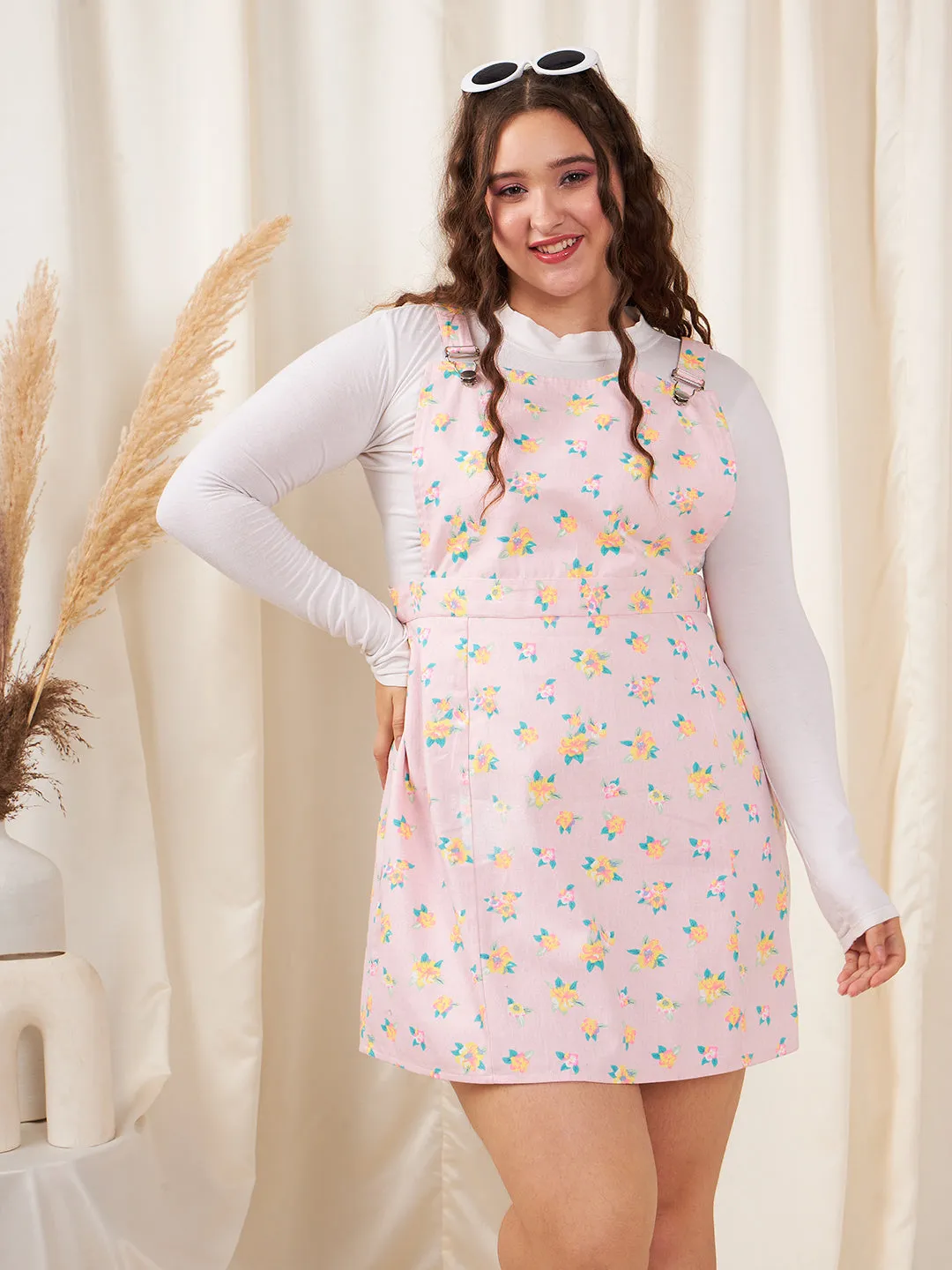 Berrylush Women Plus Size Pink & Yellow Floral Printed Square Neck Cotton Button-Up Straight Hem Pinafore Mini Dress