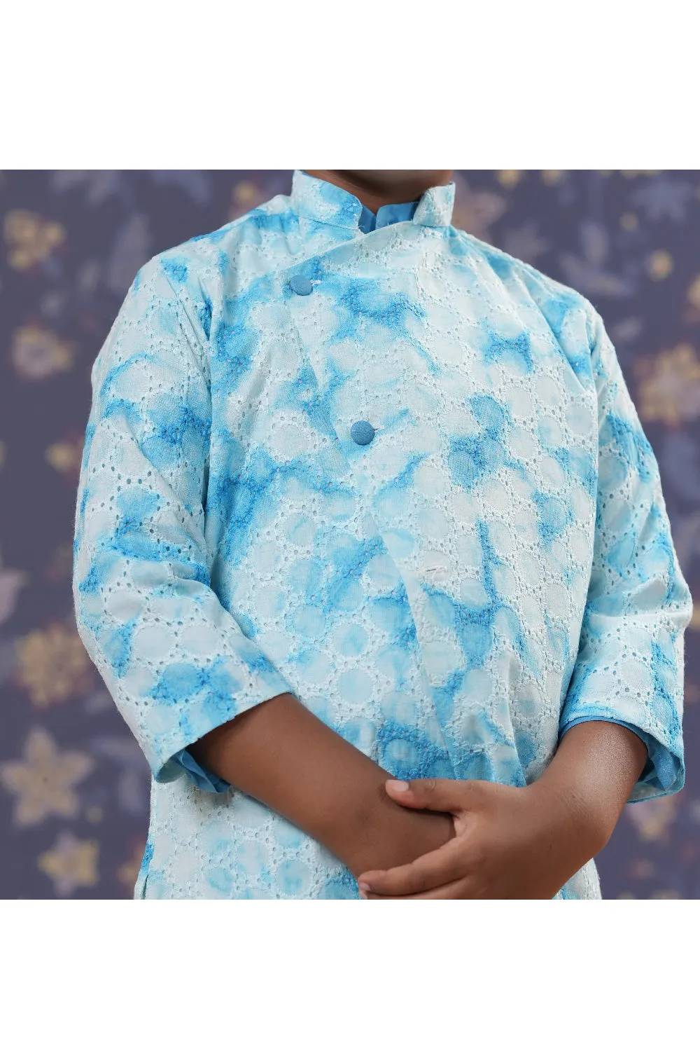 Blue Cotton kurta With Tie And Dye Printed And Thread Embroidered Jacket Set