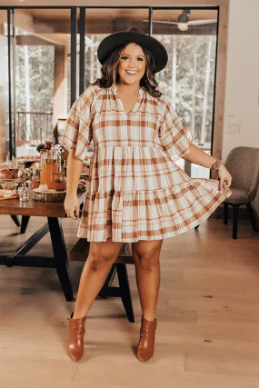 Boho In Soho Plaid Shift Dress in Camel Curves