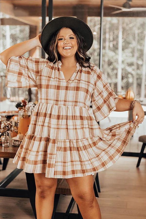 Boho In Soho Plaid Shift Dress in Camel Curves