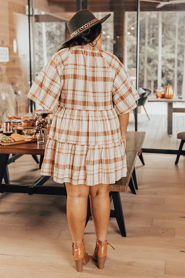 Boho In Soho Plaid Shift Dress in Camel Curves