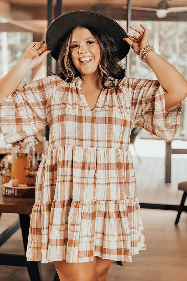 Boho In Soho Plaid Shift Dress in Camel Curves