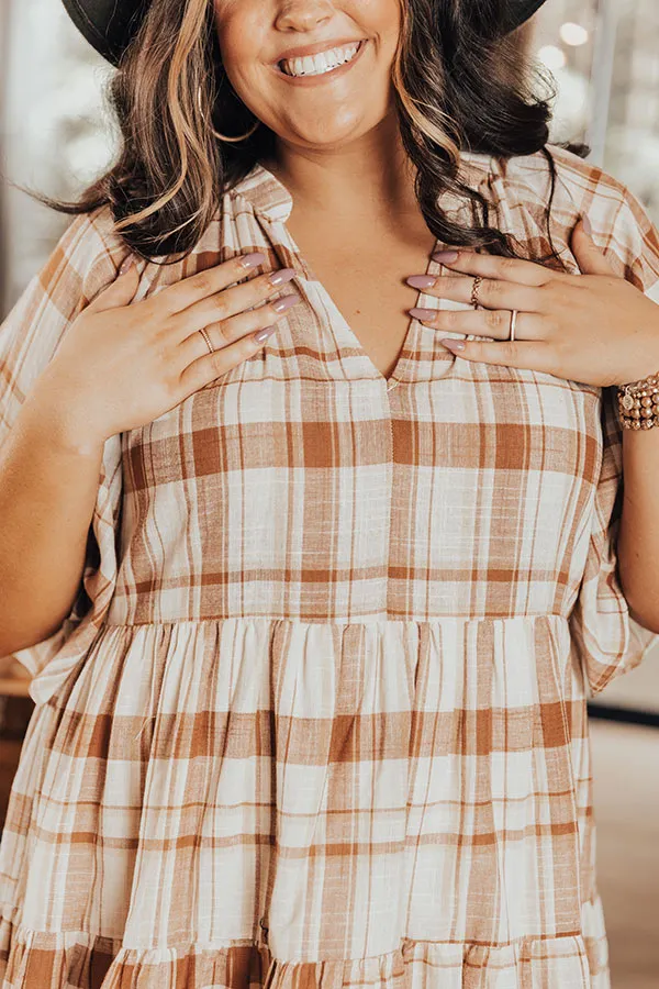 Boho In Soho Plaid Shift Dress in Camel Curves