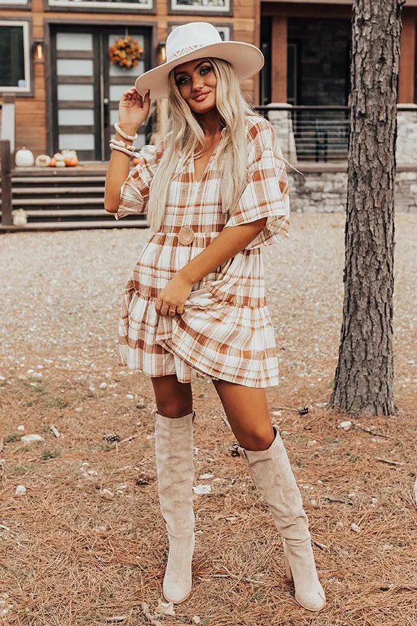 Boho In Soho Plaid Shift Dress in Camel