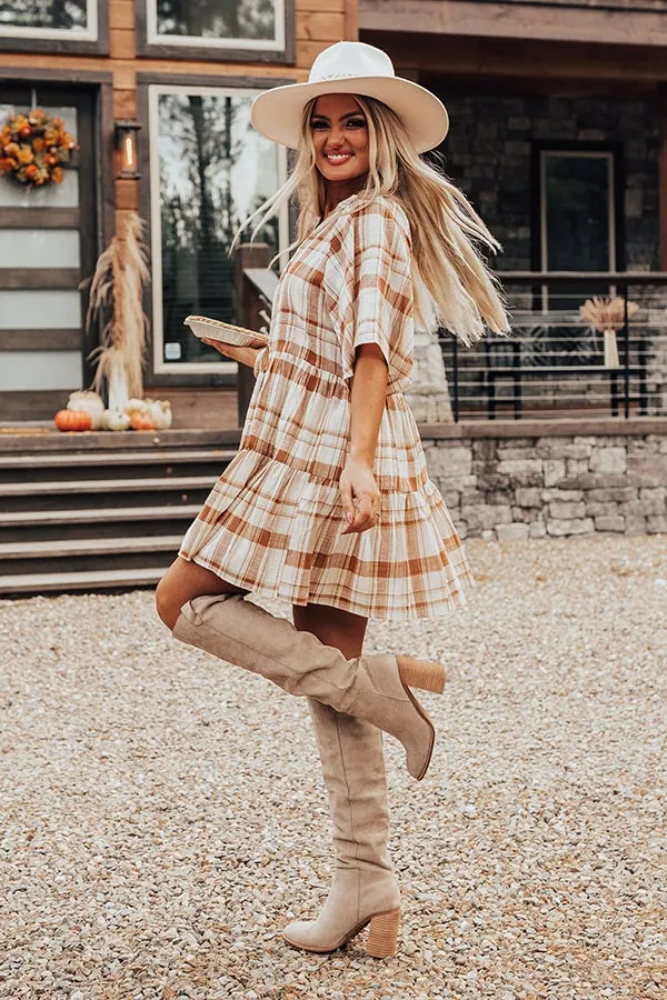 Boho In Soho Plaid Shift Dress in Camel