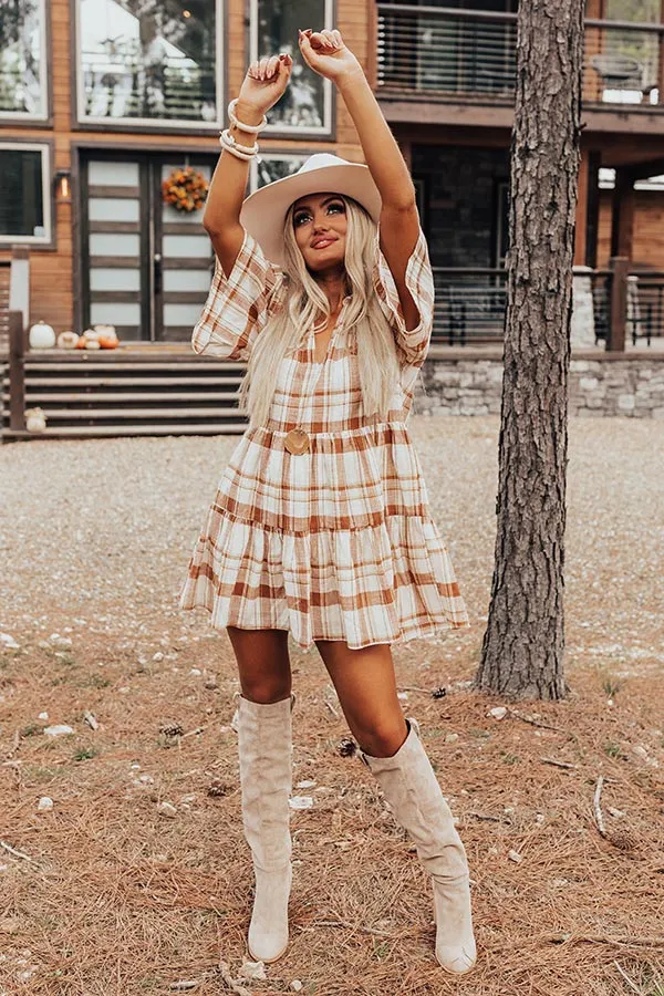 Boho In Soho Plaid Shift Dress in Camel