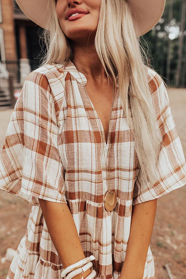 Boho In Soho Plaid Shift Dress in Camel