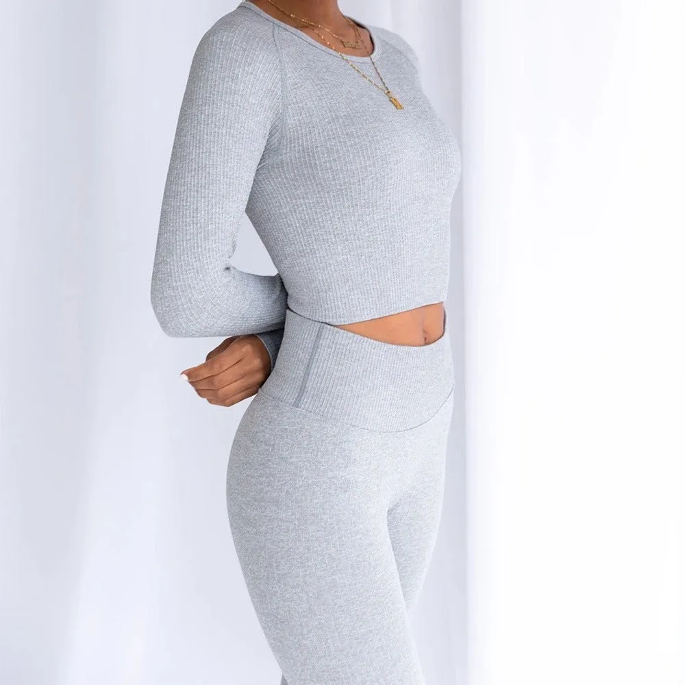 Cassandra Gymwear Ribbed Seamless Activewear Long Sleeve Ribbed 2 Piece Set