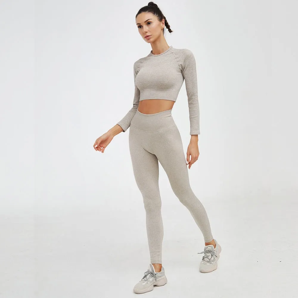 Cassandra Gymwear Ribbed Seamless Activewear Long Sleeve Ribbed 2 Piece Set