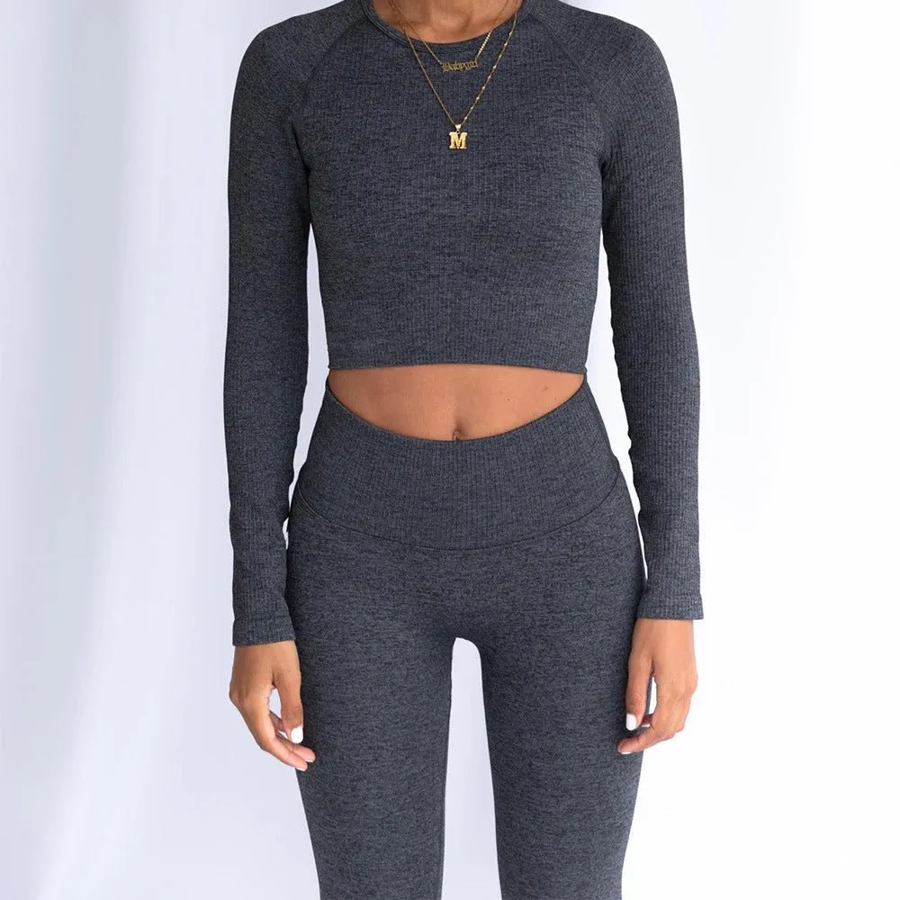 Cassandra Gymwear Ribbed Seamless Activewear Long Sleeve Ribbed 2 Piece Set