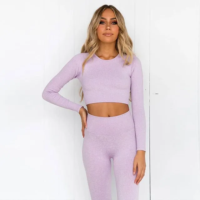 Cassandra Gymwear Ribbed Seamless Activewear Long Sleeve Ribbed 2 Piece Set