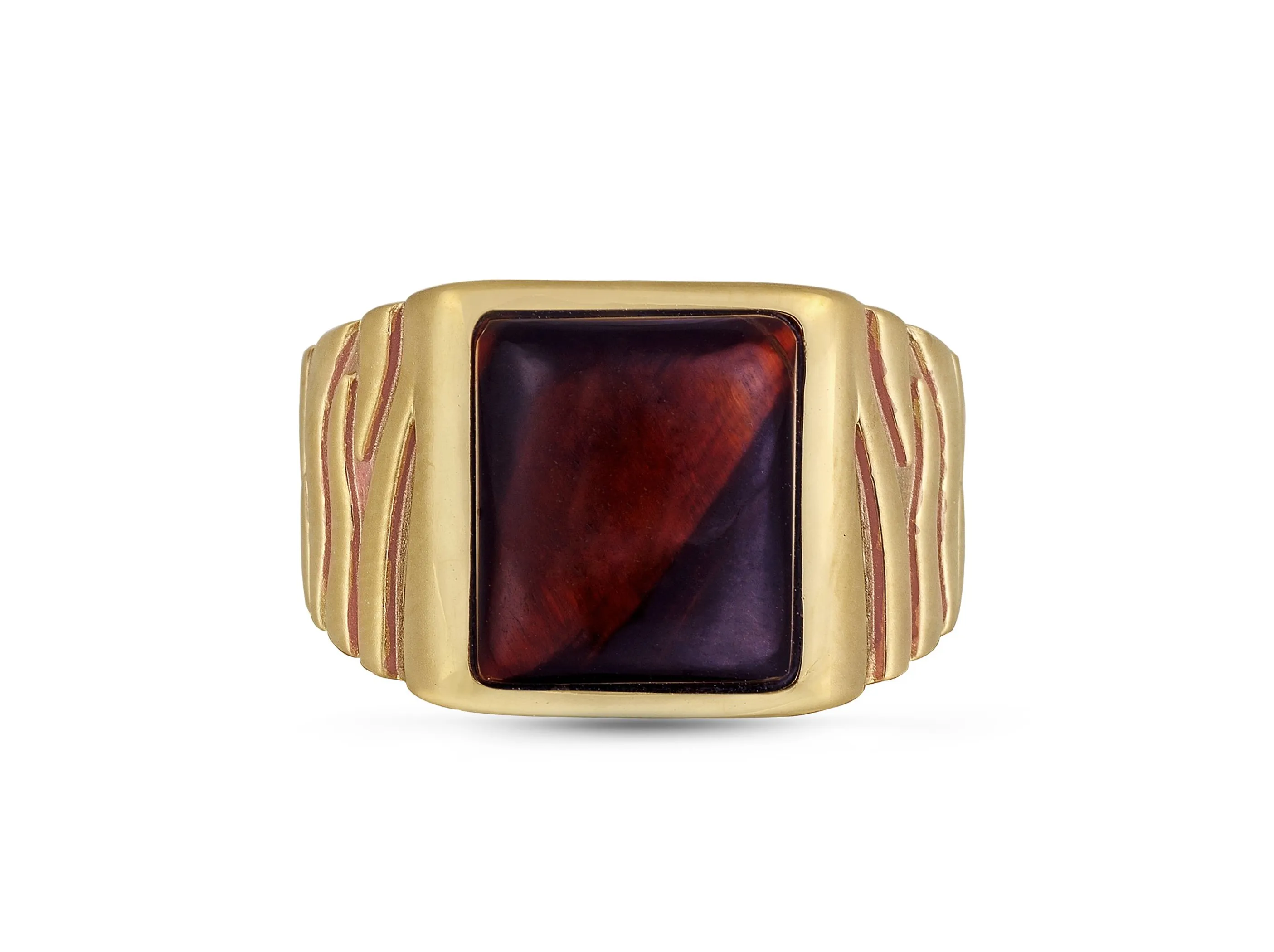 Chatoyant Red Tiger Eye Stone Signet Ring in Brown Rhodium & 14K Yellow Gold Plated Sterling Silver