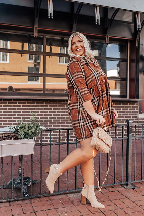 Cheery Mood Plaid Tunic Dress In Dark Camel Curves