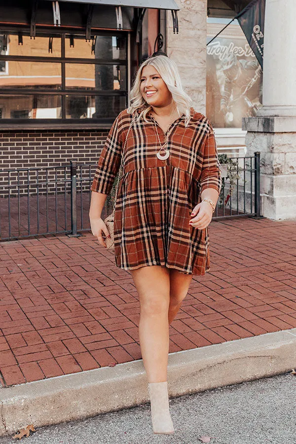 Cheery Mood Plaid Tunic Dress In Dark Camel Curves