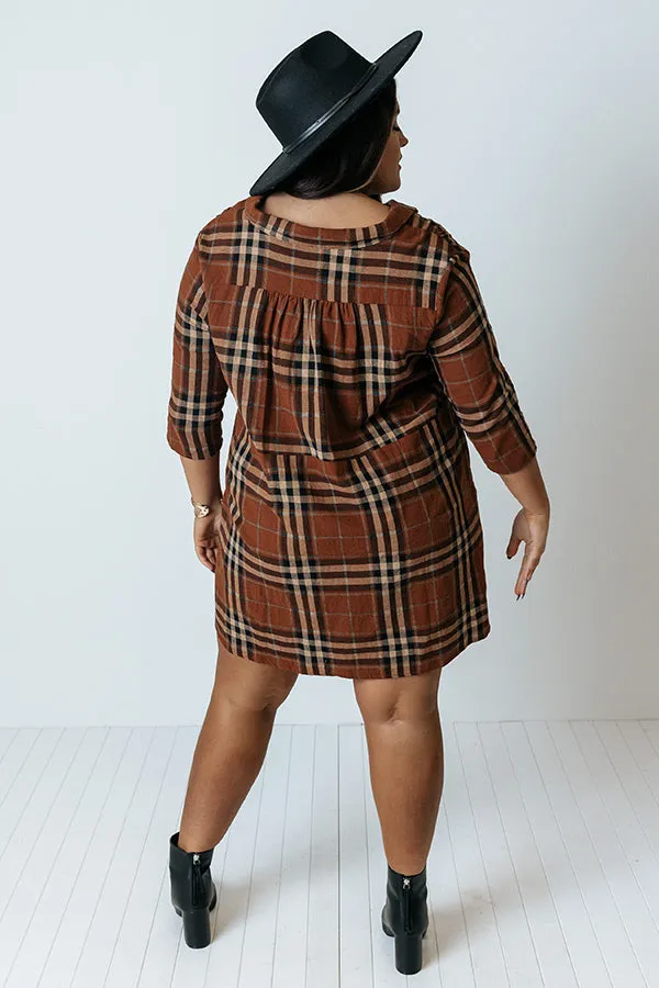 Cheery Mood Plaid Tunic Dress In Dark Camel Curves