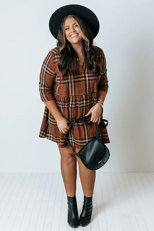 Cheery Mood Plaid Tunic Dress In Dark Camel Curves