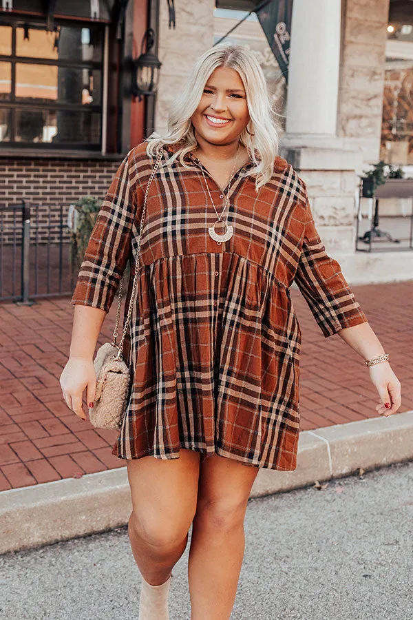 Cheery Mood Plaid Tunic Dress In Dark Camel Curves