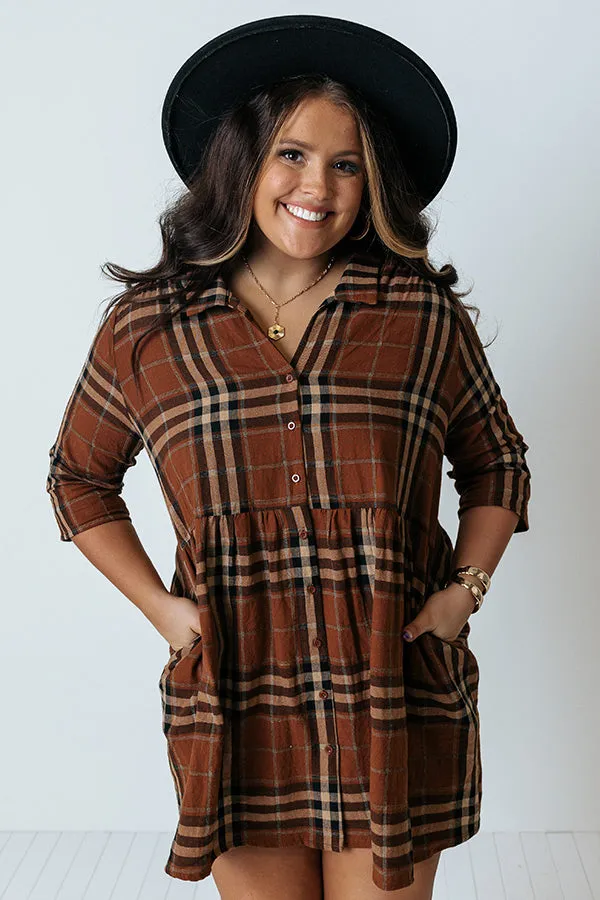 Cheery Mood Plaid Tunic Dress In Dark Camel Curves