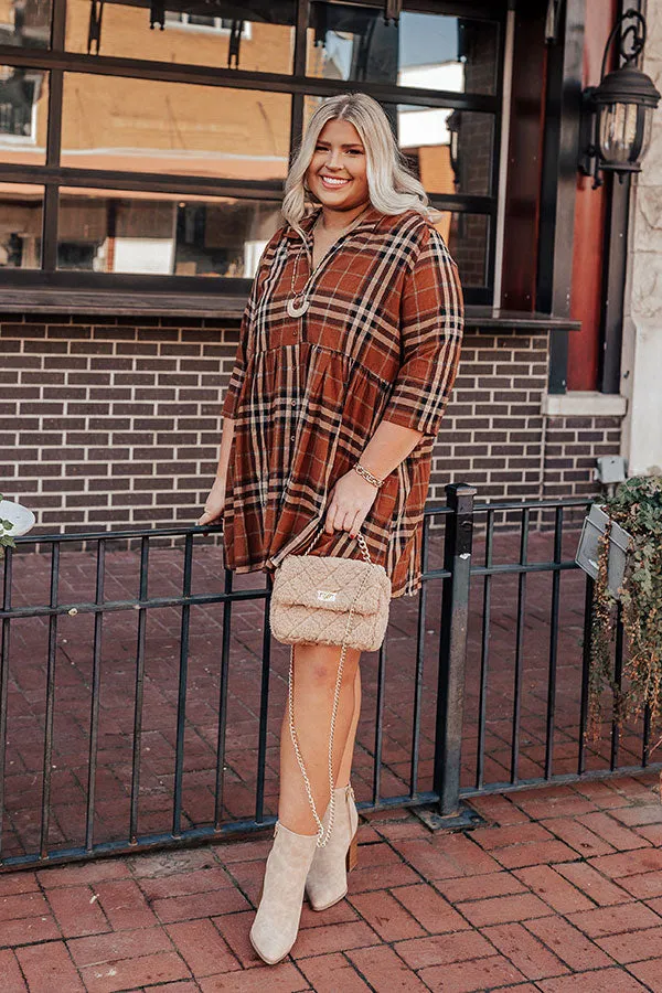 Cheery Mood Plaid Tunic Dress In Dark Camel Curves