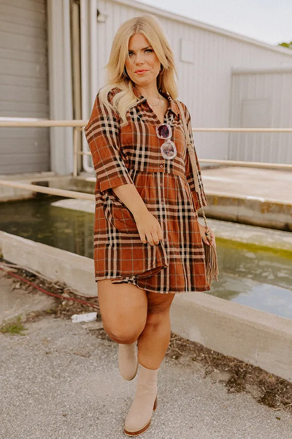 Cheery Mood Plaid Tunic Dress In Dark Camel Curves