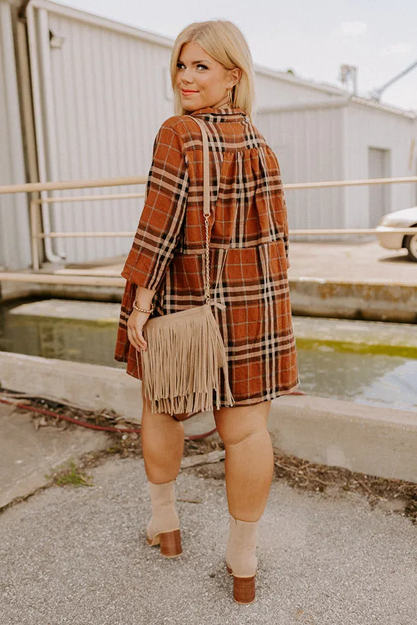 Cheery Mood Plaid Tunic Dress In Dark Camel Curves