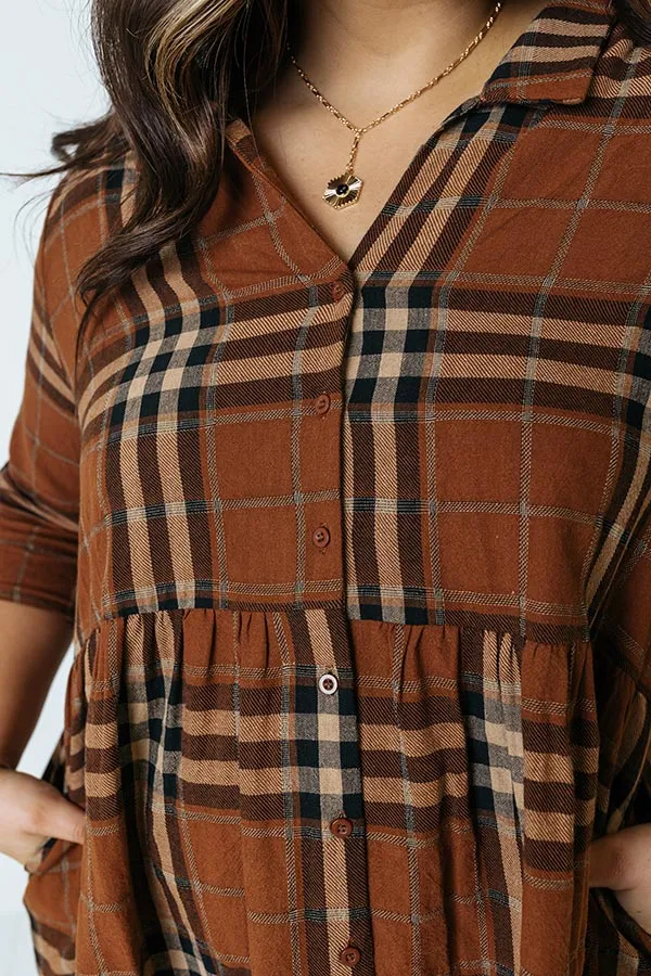 Cheery Mood Plaid Tunic Dress In Dark Camel Curves