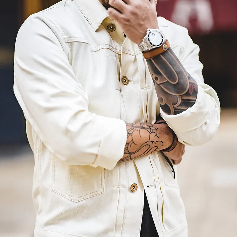 Cream White Retro Buckle Style Denim Jacket